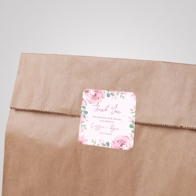 Sticker Carré Aquarelle rose Mariage Merci Carré (Watercolor Pink Floral Wedding Thank You Square Square Sticker)