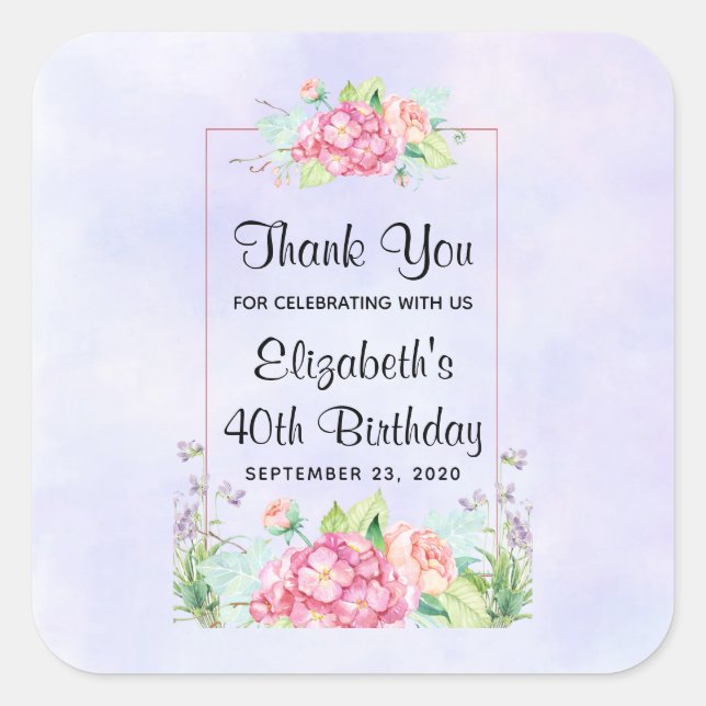 Sticker Carré Aquarelle rose moderne Cadre Floral Anniversaire (Devant)