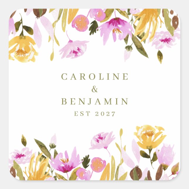 Sticker Carré Aquarelle rose moderne Floral Noms personnalisés M (Devant)