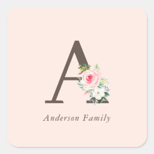Sticker Carré Aquarelle rose Monogramme floral