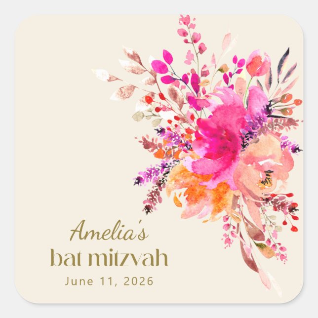 Sticker Carré Aquarelle rose or Floral Élégant Bat mitzvah (Devant)