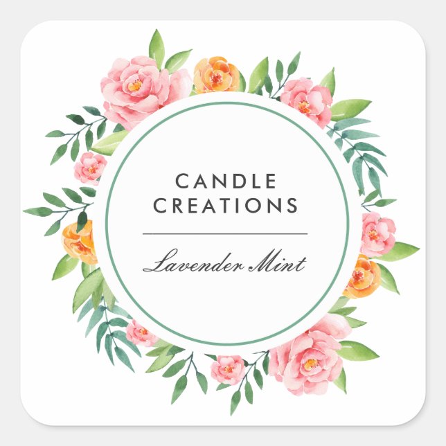 Sticker Carré Aquarelle rose Pêche Florale produit commercial (Devant)