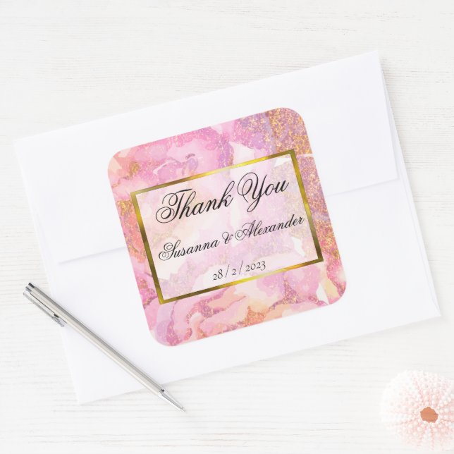 Sticker Carré Aquarelle rose romantique Rose Mariage Merci (Enveloppe)