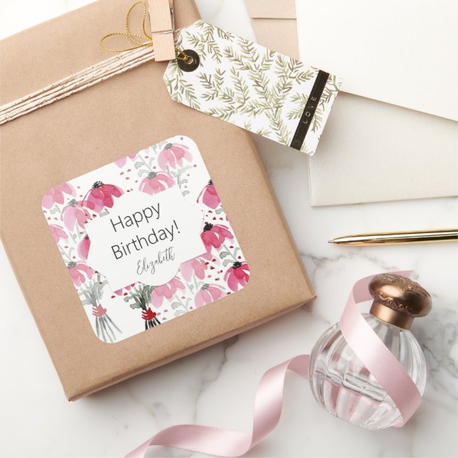 Sticker Carré Aquarelle rose rose de mou personnalisée (Cadeaux)