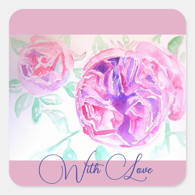 Sticker Carré Aquarelle rose rose Lilac Rose avec amour (Devant)