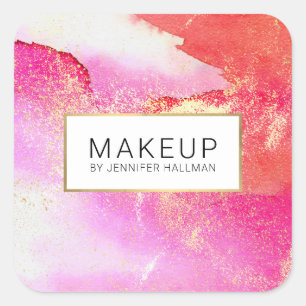 Sticker Carré Aquarelle rose vif Abstraite Faux Gold Dust