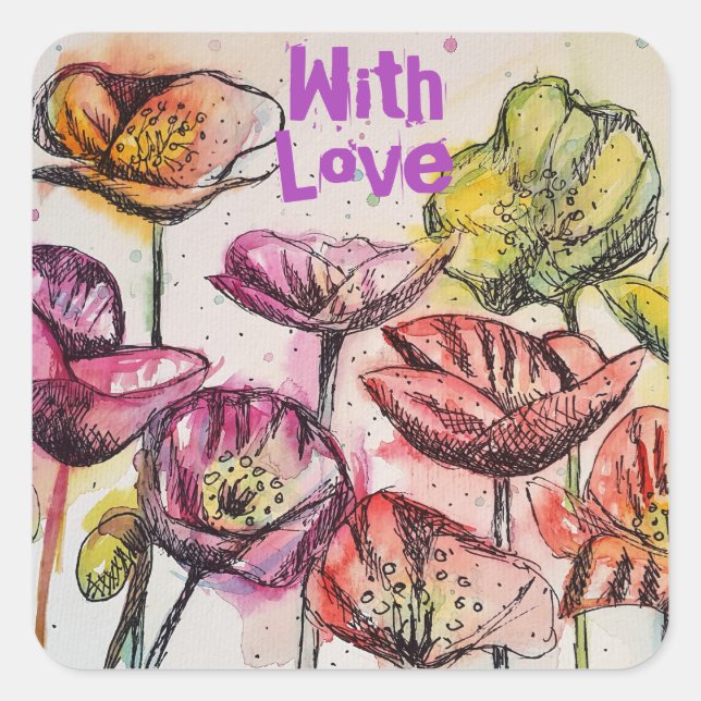 Sticker Carré Aquarelle rouge Pavot rose vif Fleurs florales (Devant)