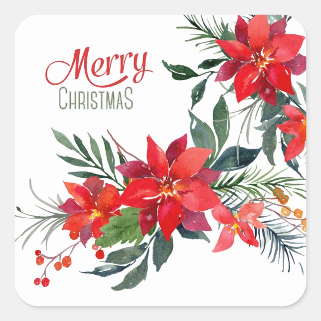 Sticker Carré Aquarelle Rouge Poinsettia Bouquet (Devant)