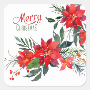 Sticker Carré Aquarelle Rouge Poinsettia Bouquet