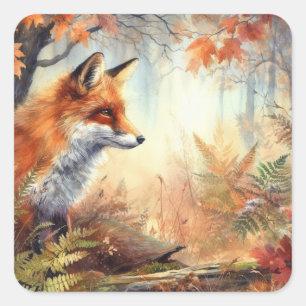 Sticker Carré Aquarelle Rouge Renard Automne Couleur automne Nat