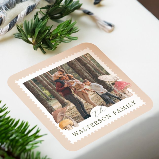 Sticker Carré Aquarelle rustique Champignons boisés Timbre photo (Rustic Watercolor Woodsy Mushrooms Photo Stamp Square Sticker)