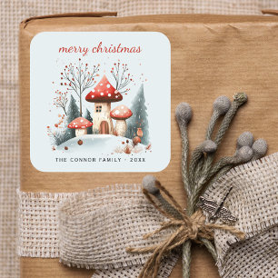 Sticker Carré Aquarelle rustique Hiver Bois Joyeux Noël