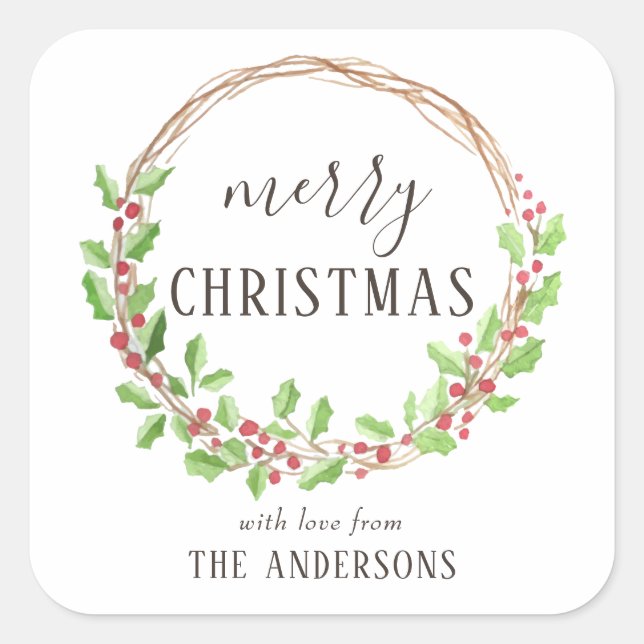 Sticker Carré Aquarelle rustique Holly Wreath Joyeux Noël (Devant)