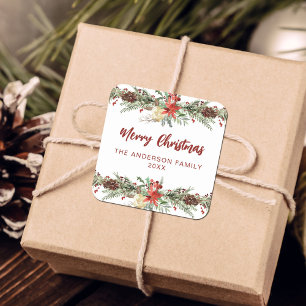 Sticker Carré Aquarelle rustique Joyeux Noël botanique