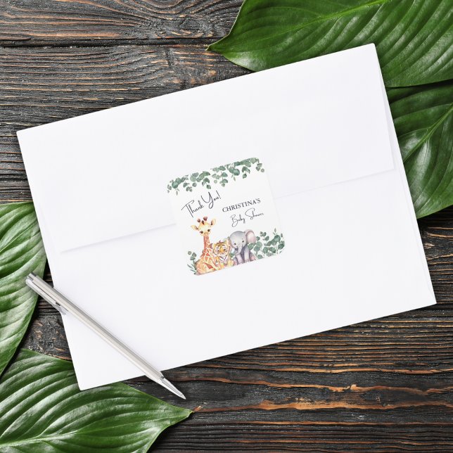 Sticker Carré Aquarelle Safari Animaux Baby shower Merci (Créateur téléchargé)
