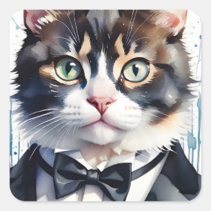Sticker Carré Aquarelle Tabby Cat dans une Cravate Tuxedo et Bla