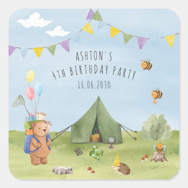 Sticker Carré Aquarelle Teddy Bear, Aventure anniversaire (Devant)