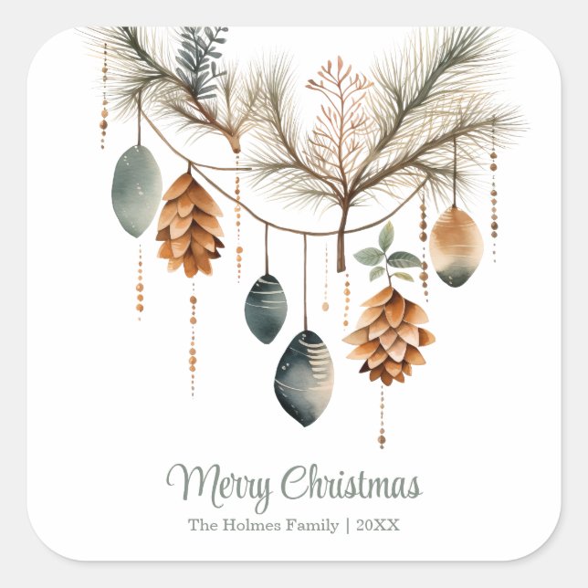 Sticker Carré Aquarelle tendance Boho ornements de Noël (Devant)