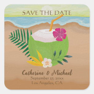 Sticker Carré Aquarelle Tropical Floral Ocean Beach Mariage