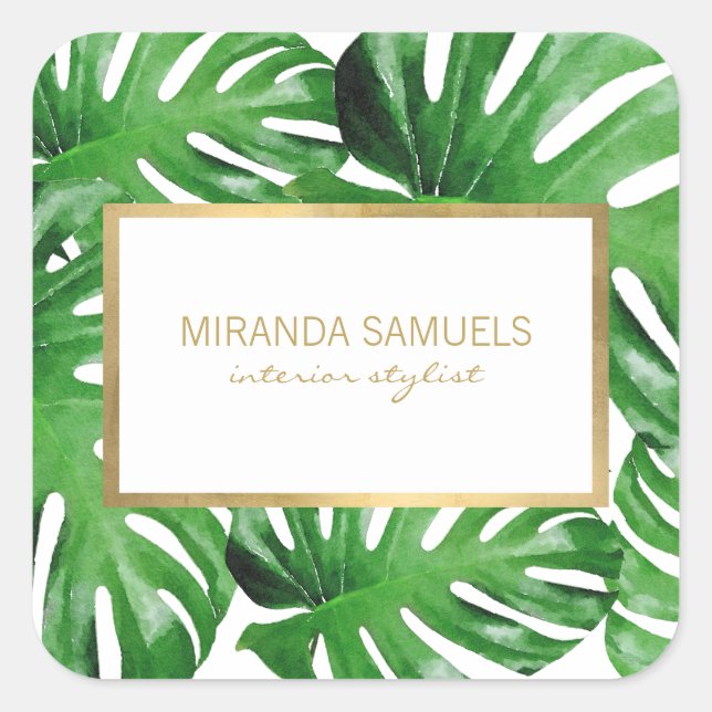 Sticker Carré Aquarelle Tropical Monstera Feuille Motif (Devant)