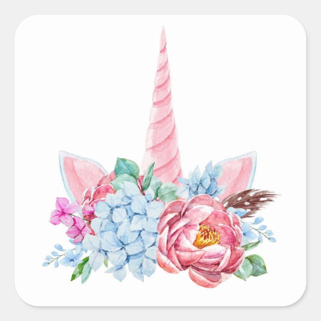 Sticker Carré Aquarelle Unicorn Couronne florale (Devant)