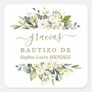 Sticker Carré Aquarelle unique Fleurs blanches espagnol Bautizo