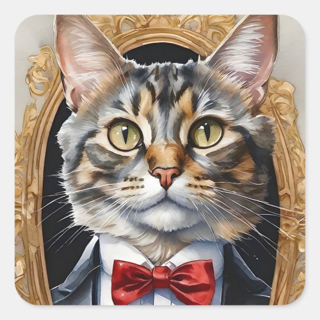 Sticker Carré Aquarelle unique Tabby Cat Tuxedo Blue Bow Cravate (Devant)