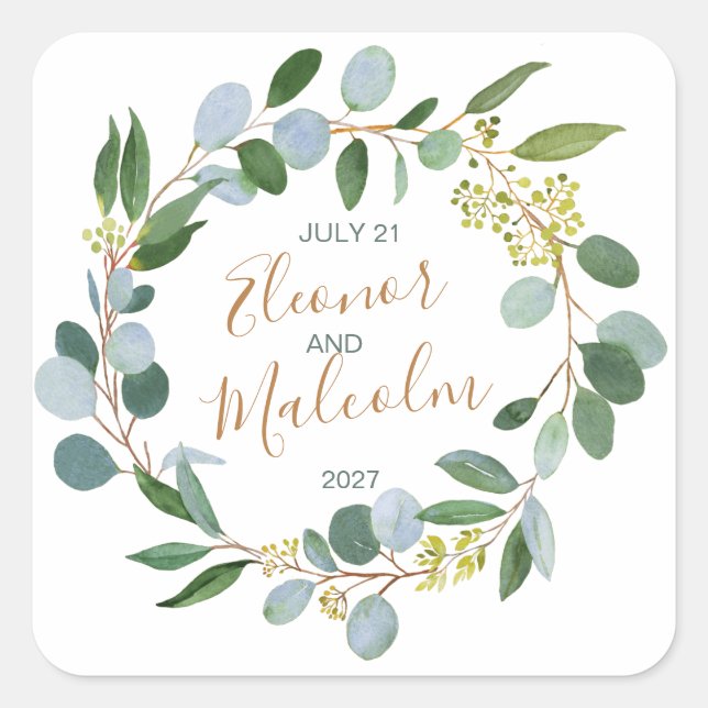 Sticker Carré Aquarelle verdure couronne, eucalyptus Mariage (Devant)