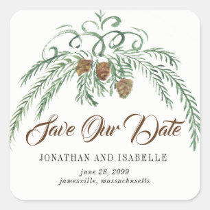 Sticker Carré Aquarelle Verdure et cônes de pins Économisez notr