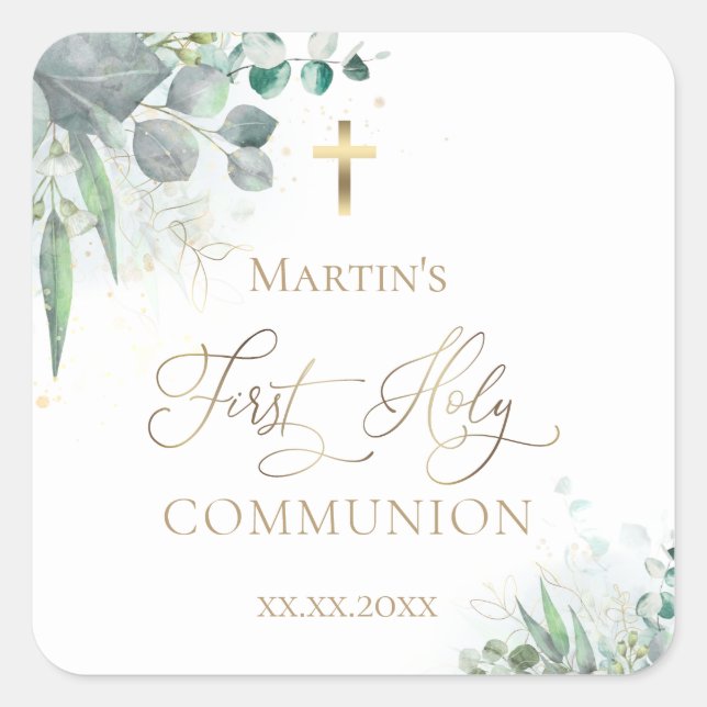 Sticker Carré aquarelle verdure | Première communion (Devant)