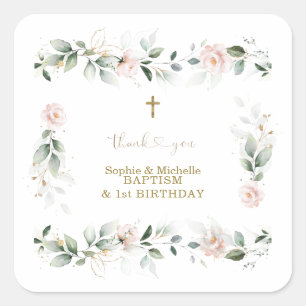 Sticker Carré Aquarelle Vert rose Floral Or Baptême