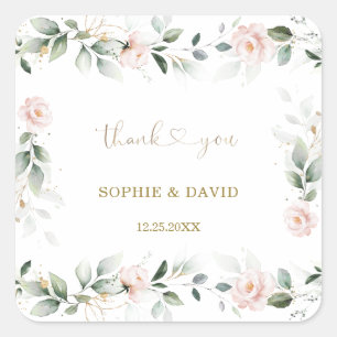 Sticker Carré Aquarelle Vert rose Floral Or Mariage S