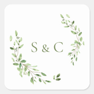Sticker Carré Aquarelle verte feuille Monogramme Mariage