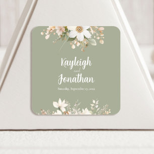 Sticker Carré Aquarelle verte moderne Sage Mariage Floral