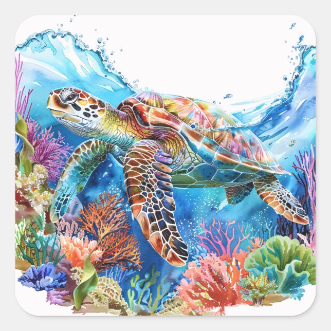 Sticker Carré Aquarelle Vibrante Tortue marine (Devant)