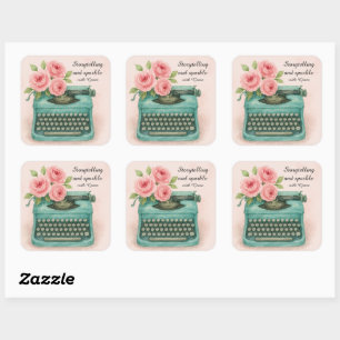 Sticker Carré Aquarelle vintage de machine à écrire et roses ros