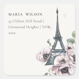 Sticker Carré Aquarelle vintage Tour Eiffel Adresse Florale