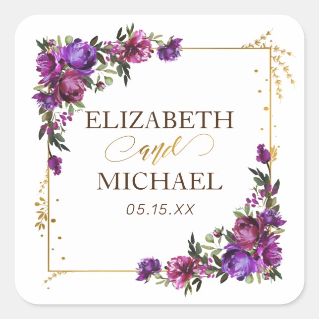 Sticker Carré Aquarelle violet rose chaud or Mariage Floral (Devant)