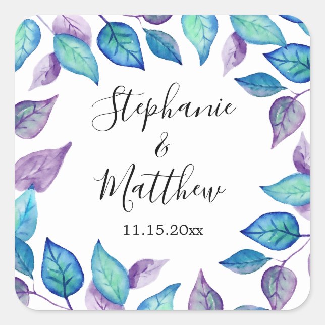 Sticker Carré Aquarelle violet turquoise Mariage Feuille peint (Devant)