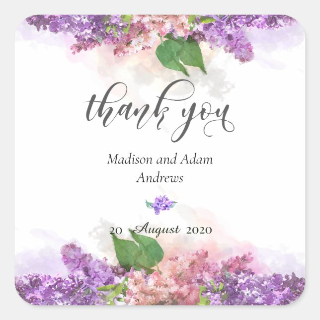 Sticker Carré Aquarelle violette et rose Merci Lilac Fleurs (Devant)