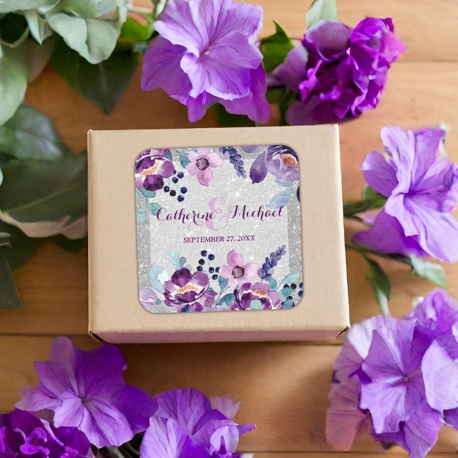 Sticker Carré Aquarelle violette Floral et Mariage Parties scint (Créateur téléchargé)