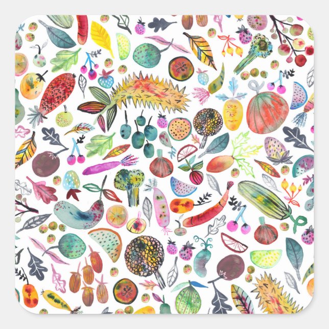 Sticker Carré Aquarelle Whimsical colorée Fruits Légumes (Devant)