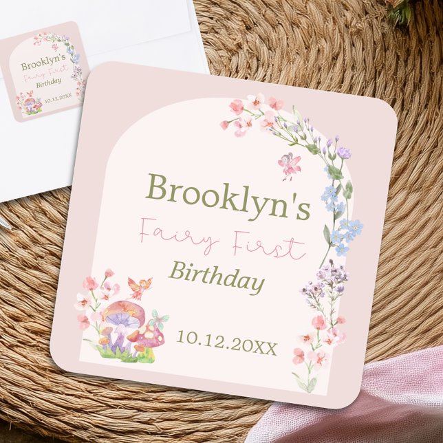 Sticker Carré Aquarelle Whimsical Fée Florale Premier anniversai (Whimsical Watercolor Floral Fairy First Birthday Square Sticker)