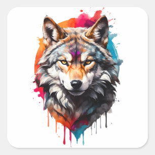 Sticker Carré Aquarelle Wolf Splatt Art Portrait Splash Encre