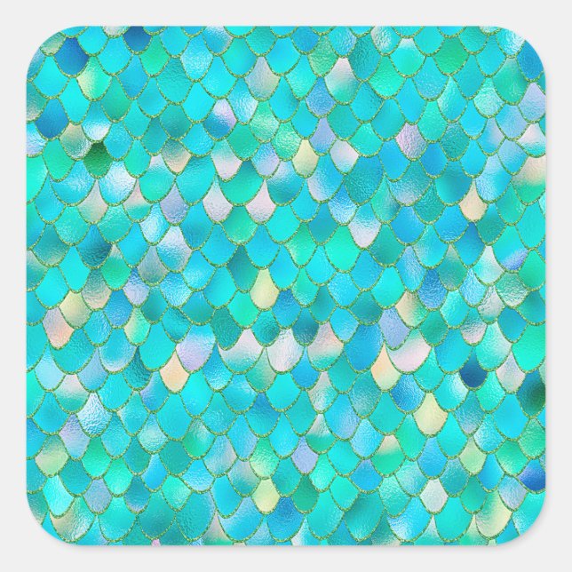 Sticker Carré Aquarelle Wonky Parties scintillant Turquoise Méta (Devant)