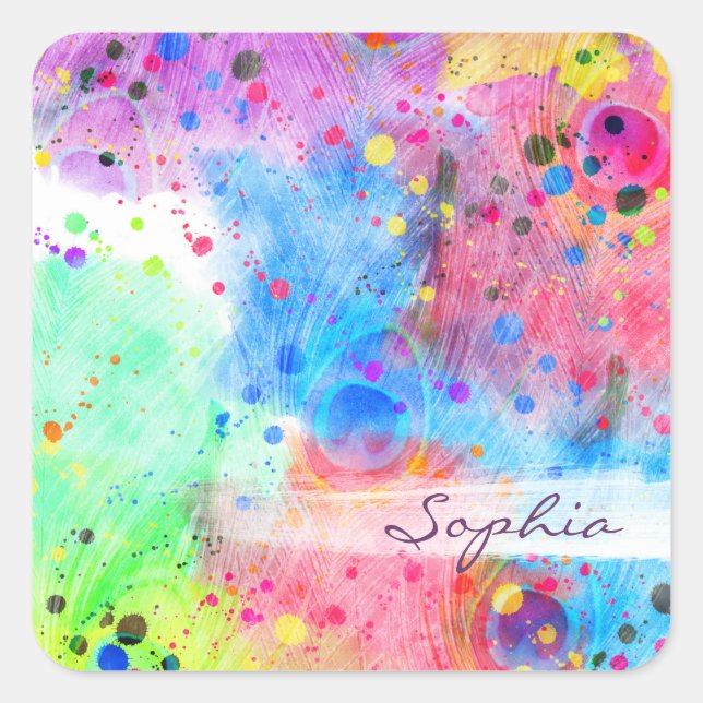 Sticker Carré Aquarelles cool plumes paon abstrait motif (Devant)