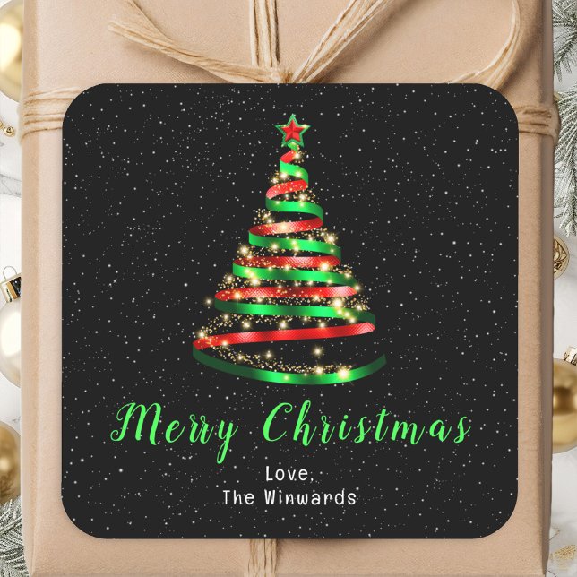 Sticker Carré Arbre à ruban rouge et vert Joyeux Noël (Créateur téléchargé)