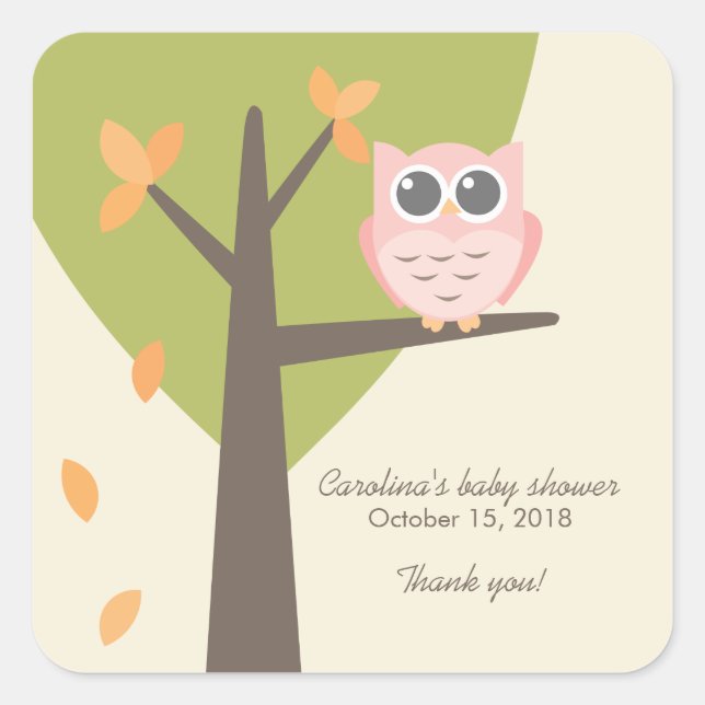 Sticker Carré Arbre Branche Chouette rose Automne Baby shower Me (Devant)