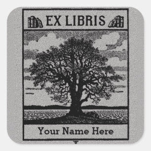 Sticker Carré Arbre classique avec livres Ex Libris Plaque - Gri