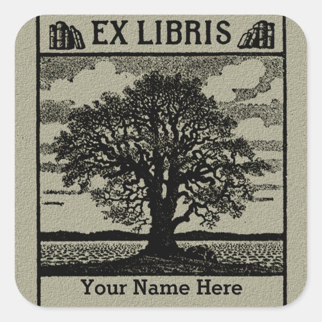 Sticker Carré Arbre classique avec livres Ex Libris Plaque - Ver (Devant)